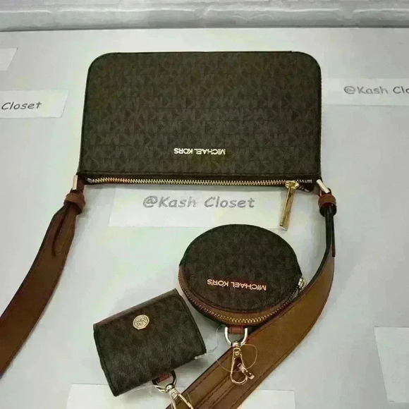 Michael Kors Crossbody Tech Attach Small Jet Set Travel MK Signature Brown - Picture 4 of 12